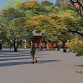 Traditional Chinese Ancient Architecture With Yellow Facade Classic Curved Roofs Courtyard And Stone Pavement