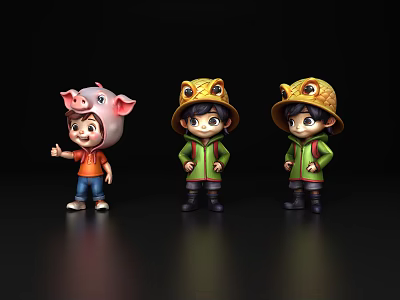 Three Cartoon Characters Wearing Pig And Frog Hats With Green Jackets 3d model
