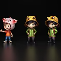 Three Cartoon Characters Wearing Pig And Frog Hats With Green Jackets