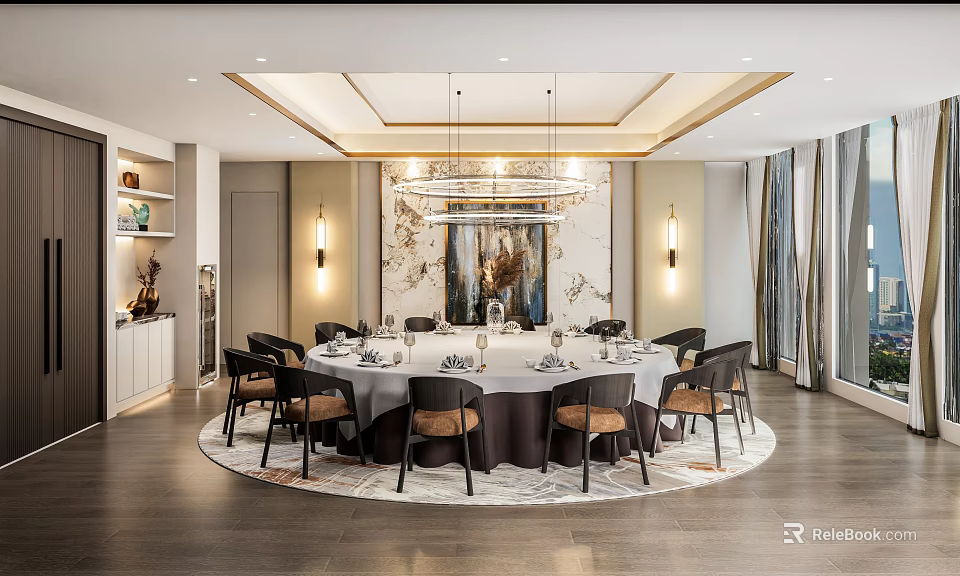 Elegant Modern Private Dining Room Interior With Round Table Chairs Chandelier And Artwork 3d model 