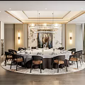 Elegant Modern Private Dining Room Interior With Round Table Chairs Chandelier And Artwork