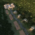Night Garden Landscape with Dome Structures Trees and Lighting Pathways Connecting Buildings Natural Design