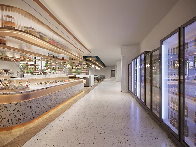 Modern Restaurant Interior With Long Display Counter Glass Refrigerators And Terrazzo Flooring 3d model