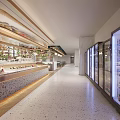 Modern Restaurant Interior With Long Display Counter Glass Refrigerators And Terrazzo Flooring
