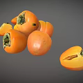 Several Ripe Fresh Orange Persimmons Whole And Sliced On Gray Background