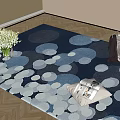 Square Navy Blue White Circular Pattern Rug With Vase Flowers Magazine On Wooden Floor