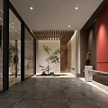 Modern Hotel Corridor With Red Wall Wooden Ceiling Glass Partitions Stone Floor And Green Plant