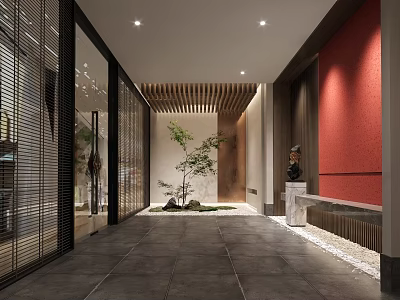 Modern Hotel Corridor With Red Wall Wooden Ceiling Glass Partitions Stone Floor And Green Plant 3d model
