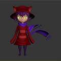 Cute Character In Red Coat With Cat Ear Hat Purple Scarf And Green Eyes