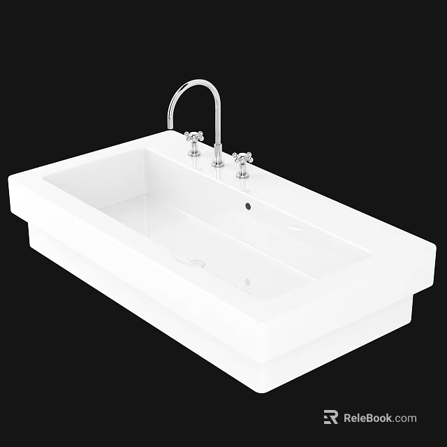 Modern White Rectangular Washbasin With Chrome Faucet And Dual Handles 3d model 