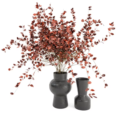 Two Modern Black Vases With Red Foliage Arrangement For Home Decor 3d model
