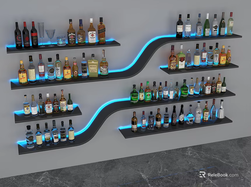 Stylish Liquor Cabinet With Curved Shelves Blue LED Lights And Various Bottles Displayed 3d model 