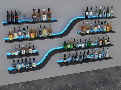 Stylish Liquor Cabinet With Curved Shelves Blue LED Lights And Various Bottles Displayed 3d model