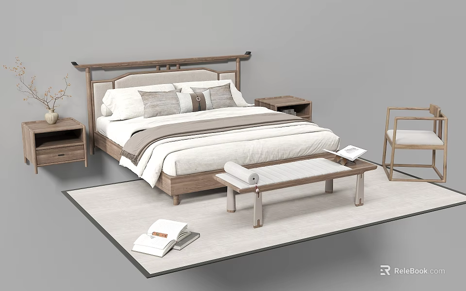 Modern Minimalist Double Bed with Wooden Headboard White Bedspread Gray Pillows Nightstands Bench and Rug 3d model 