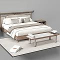 Modern Minimalist Double Bed with Wooden Headboard White Bedspread Gray Pillows Nightstands Bench and Rug