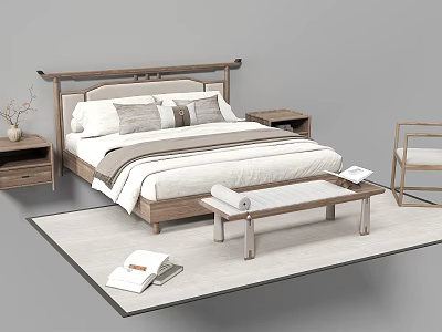 Modern Minimalist Double Bed with Wooden Headboard White Bedspread Gray Pillows Nightstands Bench and Rug 3d model