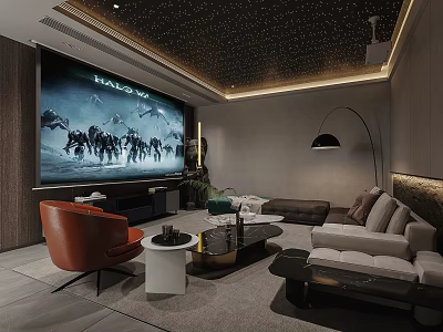 Modern Home Theater With Large Screen Projection Comfortable Sofas And Starry Ceiling 3d model