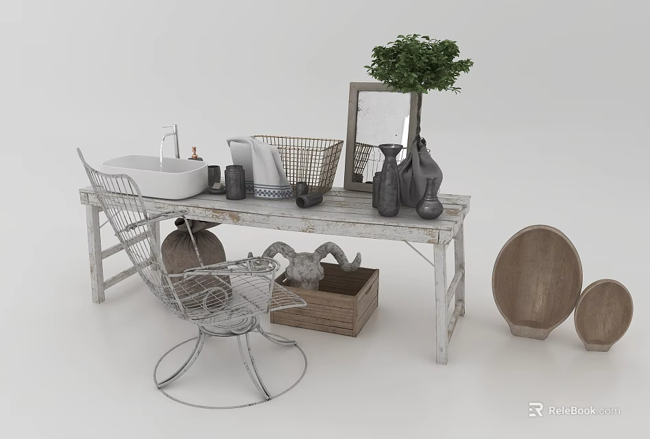 Stylish Home Decor Setup With Wooden Table White Basin Rattan Basket And Green Plant 3d model 
