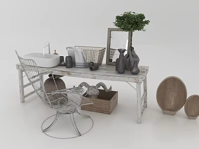 Stylish Home Decor Setup With Wooden Table White Basin Rattan Basket And Green Plant 3d model