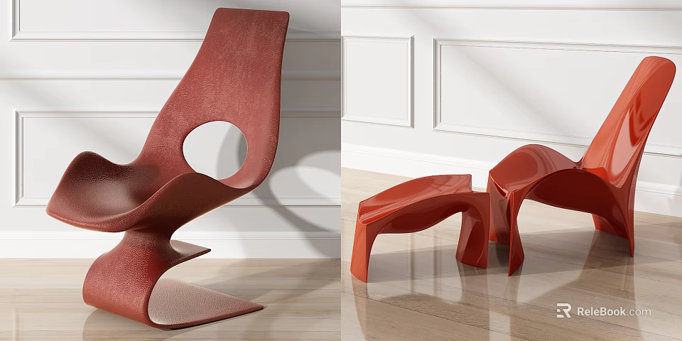 Modern Red Single Chair With Curved Design Against White Wall And Wooden Floor 3d model 