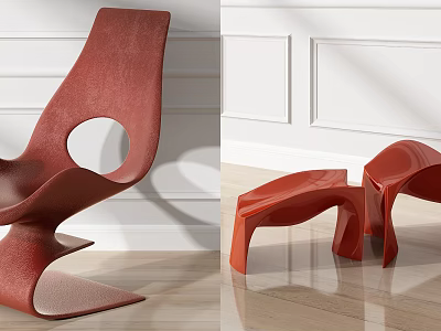 Modern Red Single Chair With Curved Design Against White Wall And Wooden Floor 3d model