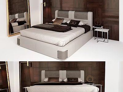 Modern Double Bed With Upholstered Headboard Wooden Wall And Nightstand In Bedroom 3d model