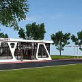 Modern Service Station With Sleek White Exterior Glass Doors Windows And Green Trees Nearby