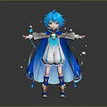 Anime Character With Blue Hair Blue Cape And White Outfit Standing With Light Particles