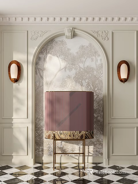 Elegant Console Table with Pleated Purple Lampshade and Gold Base Against Arched Tree Patterned Wallpaper 3d model 