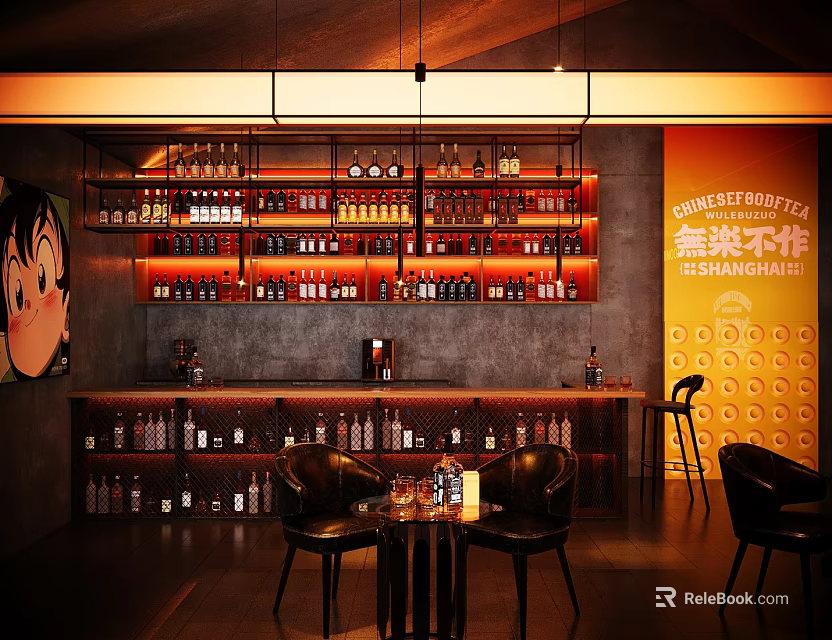 Modern Bar Interior With Illuminated Shelves Bottles Counter And Leather Chairs 3d model 