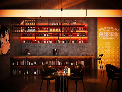 Modern Bar Interior With Illuminated Shelves Bottles Counter And Leather Chairs 3d model