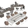 Modern Office Desk Collection With Wooden And White Tops And Ergonomic Chairs Setup