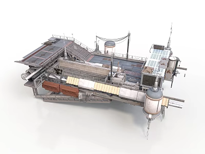 Futuristic Industrial Mechanical Structure With Metal Platforms Pipes And Glass Panels 3d model