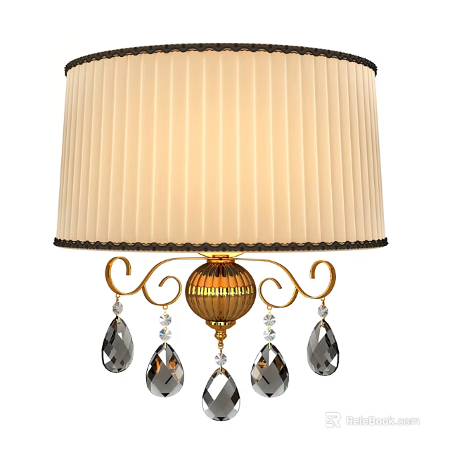 Elegant Vintage Wall Lamp With Cream Pleated Lampshade Black Trim And Crystal Pendants 3d model 