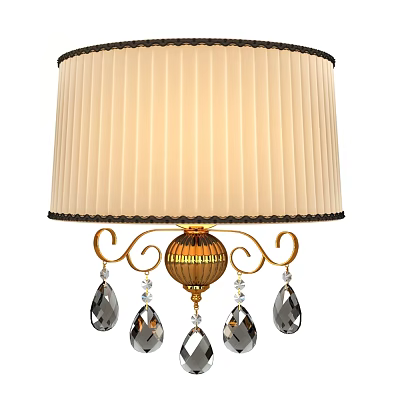 Elegant Vintage Wall Lamp With Cream Pleated Lampshade Black Trim And Crystal Pendants 3d model