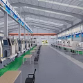 Industrial Factory Workshop With Neatly Arranged Machine Tools Equipment Long Tables Chairs On Green Floor