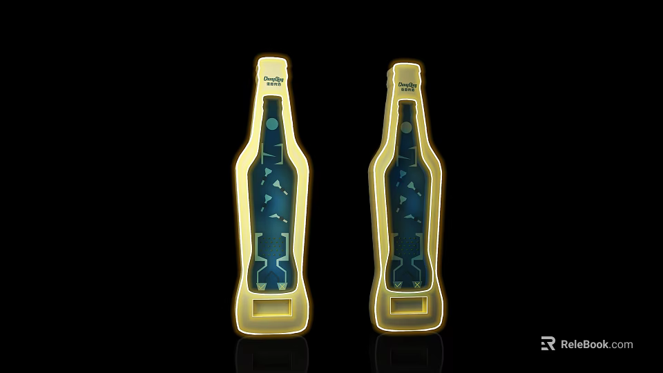 Two Blue Beer Bottle Shaped Bottle Openers With Golden Borders On Black Background 3d model 