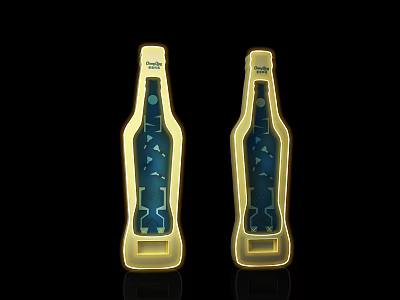 Two Blue Beer Bottle Shaped Bottle Openers With Golden Borders On Black Background 3d model
