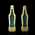 Two Blue Beer Bottle Shaped Bottle Openers With Golden Borders On Black Background