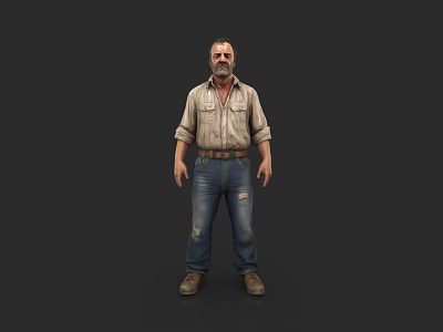 Man with Beard Wearing Rolled Sleeve Shirt Distressed Jeans and Brown Boots 3d model