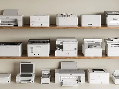 Various Types of Office Appliances Arranged on Wooden Shelves for Modern Workspace 3d model