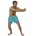 Shirtless Man Stretching Arms Wearing Blue Shorts Against Gray Background