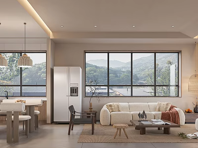 Modern Open Concept Living Dining Room With Sofa Dining Table Large Windows And Pendant Lights 3d model