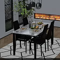 Elegant Dining Table Set With White Marble Top Four Leather Chairs Fruit Basket And Green Plant