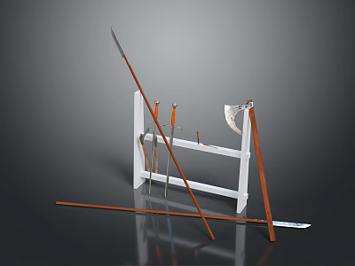 Ancient Traditional Weapons Display With Sword Axe Spear And Wooden Rack 3d model Ancient Traditional Weapons Display With Sword Axe Spear And Wooden Rack 3d model