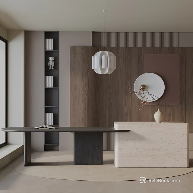 Minimalist Dining Table Set With Wooden Frame Bookshelf Pendant Light And Decorative Vase 3d model 