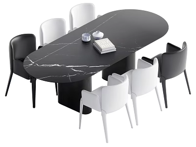 Oval Black Marble Dining Table Set with White and Black Chairs for Modern Home 3d model