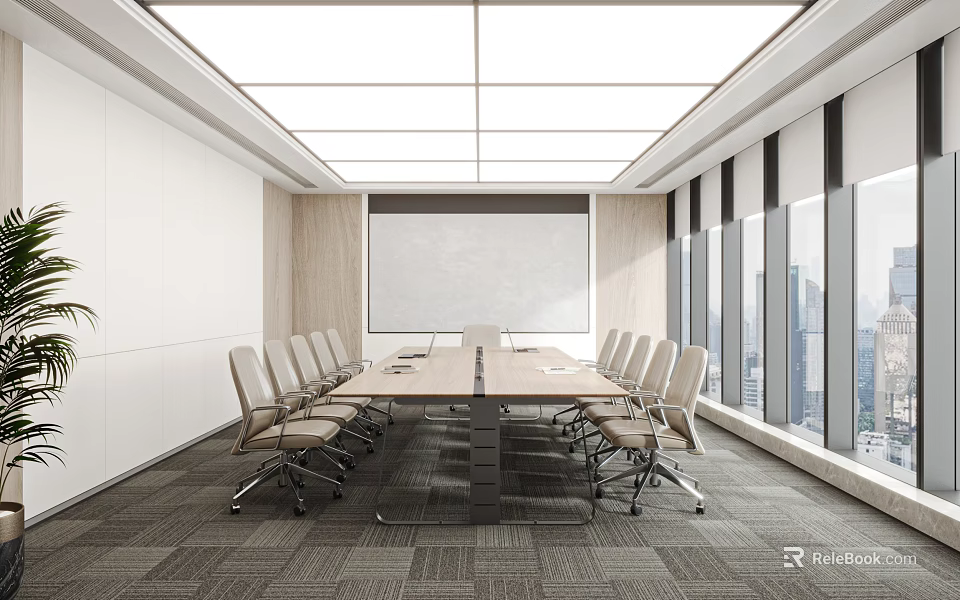 Spacious Modern Conference Room With Long Table Wheeled Chairs Projection Screen And City View Windows 3d model 
