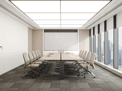 Spacious Modern Conference Room With Long Table Wheeled Chairs Projection Screen And City View Windows 3d model