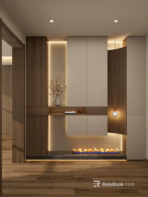 Modern Entrance Hallway Design With Wooden Panels Built in Lighting Storage Cabinets And Fireplace 3d model 